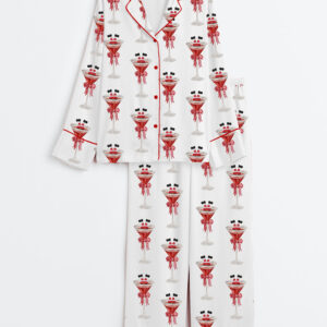 Womenâ€™s Christmas Martini Santa Bow Martini Drink Long Sleeve Satin Pajama Set