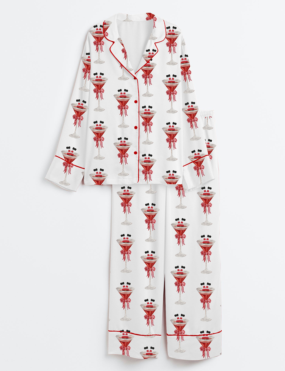 Womenâ€™s Christmas Martini Santa Bow Martini Drink Long Sleeve Satin Pajama Set