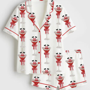 Women's Christmas Martini Santa Bow Martini Drink Short Sleeve Satin Pajama Set