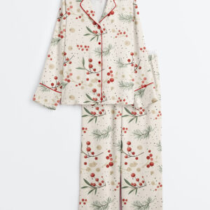 Womenâ€™s Christmas Mistletoe Watercolor Garland Christmas Holy Tree Long Sleeve Satin Pajama Set