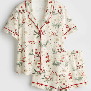 Womenâ€™s Christmas Mistletoe Watercolor Garland Christmas Holy Tree Short Sleeve Satin Pajama Set