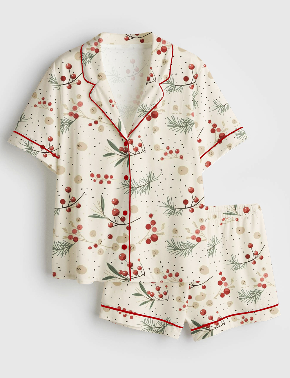 Womenâ€™s Christmas Mistletoe Watercolor Garland Christmas Holy Tree Short Sleeve Satin Pajama Set