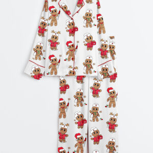 Women's Christmas Nurse Gingerbread Cute Healthcare Christmas Cookie Long Sleeve Satin Pajamas Set