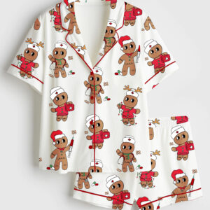 Womenâ€™s Christmas Nurse Gingerbread Cute Healthcare Christmas Cookie Short Sleeve Satin Pajama Set