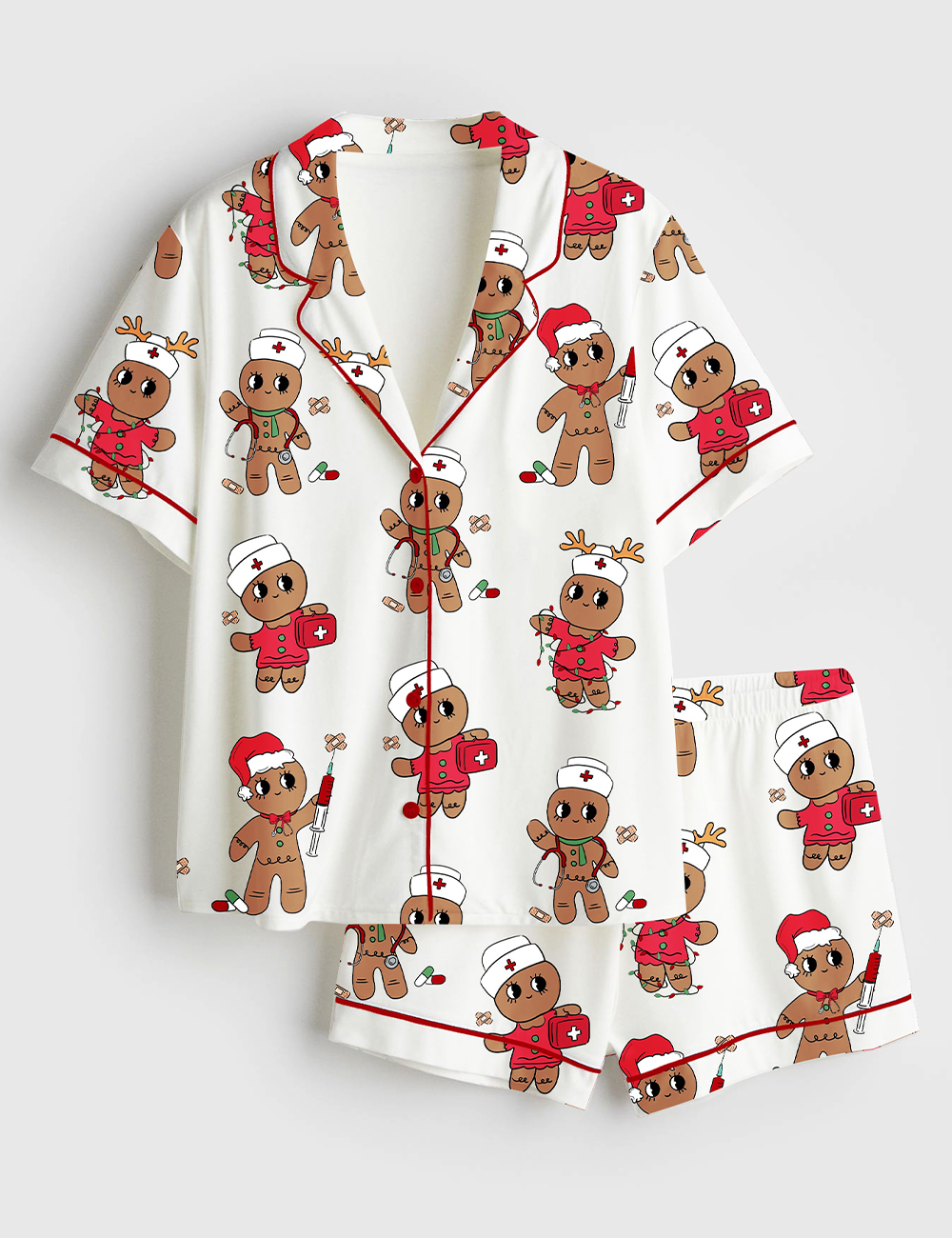 Women’s Christmas Nurse Gingerbread Cute Healthcare Christmas Cookie Short Sleeve Satin Pajama Set