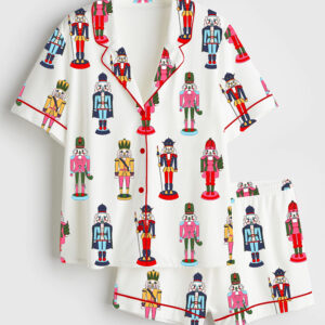 Women's Christmas Nutcracker Print Short Sleeve Satin Pajama Set