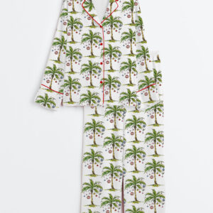 Women's Christmas Palm Tree Long Sleeve Satin Pajama Set