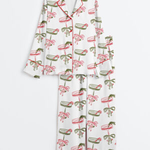 Women's Christmas Please Retro Festive Cocktail Holiday Drink Long Sleeve Satin Pajamas Set