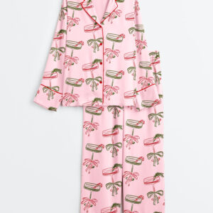Alternative view of Women's Christmas Please Retro Festive Cocktail Holiday Drink Long Sleeve Satin Pajamas Set
