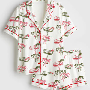 Womenâ€™s Christmas Please Retro Festive Cocktail Holiday Drink Short Sleeve Satin Pajama Set
