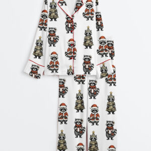 Women's Christmas Raccoons Cute Woodland Raccoon Trio Long Sleeve Satin Pajamas Set