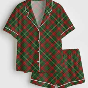 Womenâ€™s Christmas Red And Green Plaid Short Sleeve Satin Pajama Set