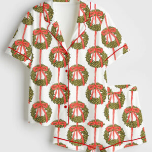 Women's Christmas Red Green Holiday Short Sleeve Satin Pajama Set