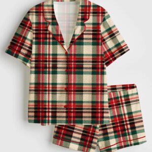 Womenâ€™s Christmas Red Green Plaid Short Sleeve Satin Pajama Set