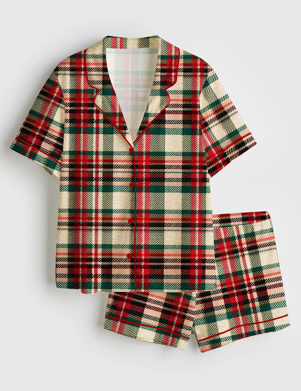 Womenâ€™s Christmas Red Green Plaid Short Sleeve Satin Pajama Set