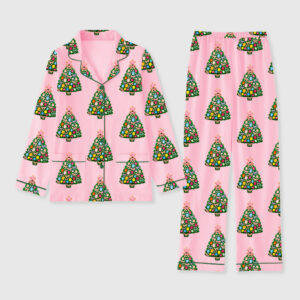 Women's Christmas Rhinestone Tree Holiday Long Sleeve Pocket Cotton Pajama Set