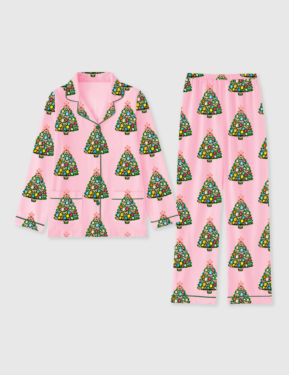 Women's Christmas Rhinestone Tree Holiday Long Sleeve Pocket Cotton Pajama Set