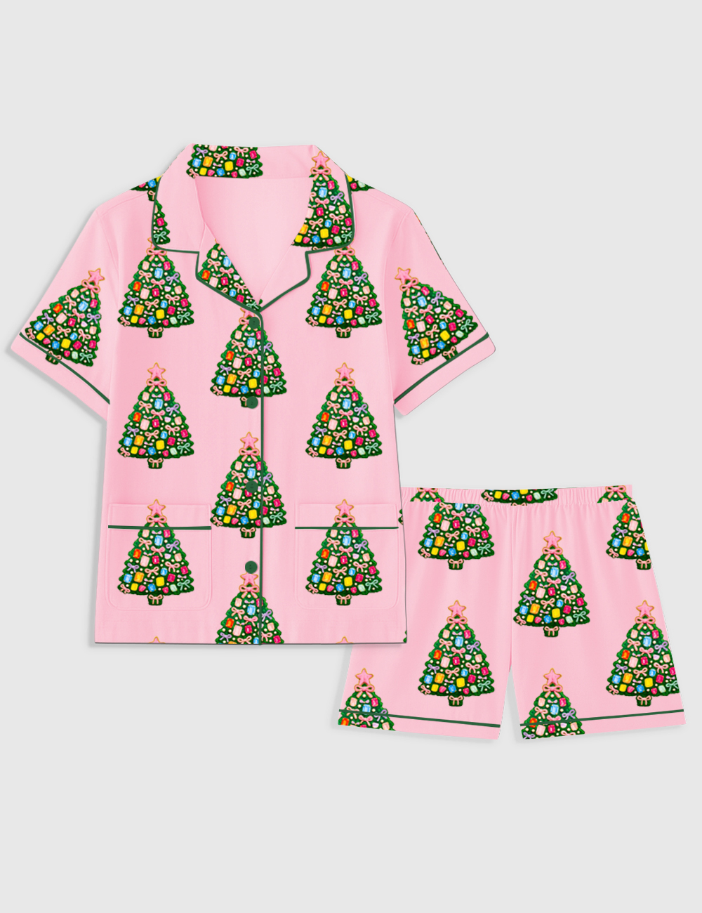 Women's Christmas Rhinestone Tree Holiday Short Sleeve Pocket Cotton Pajama Set