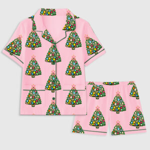 Women's Christmas Rhinestone Tree Holiday Short Sleeve Pocket Cotton Pajama Set