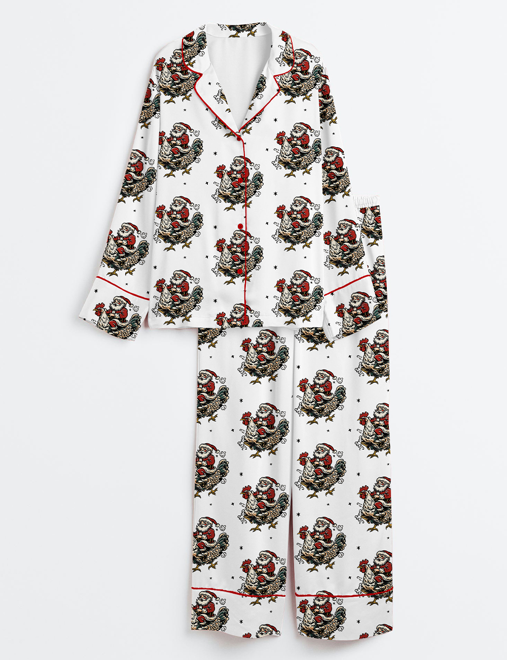 Womenâ€™s Christmas Santa Chicken Western Cowboy Long Sleeve Satin Pajama Set
