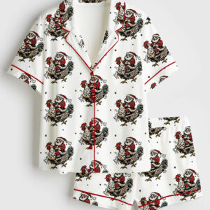 Womenâ€™s Christmas Santa Chicken Western Cowboy Short Sleeve Satin Pajama Set