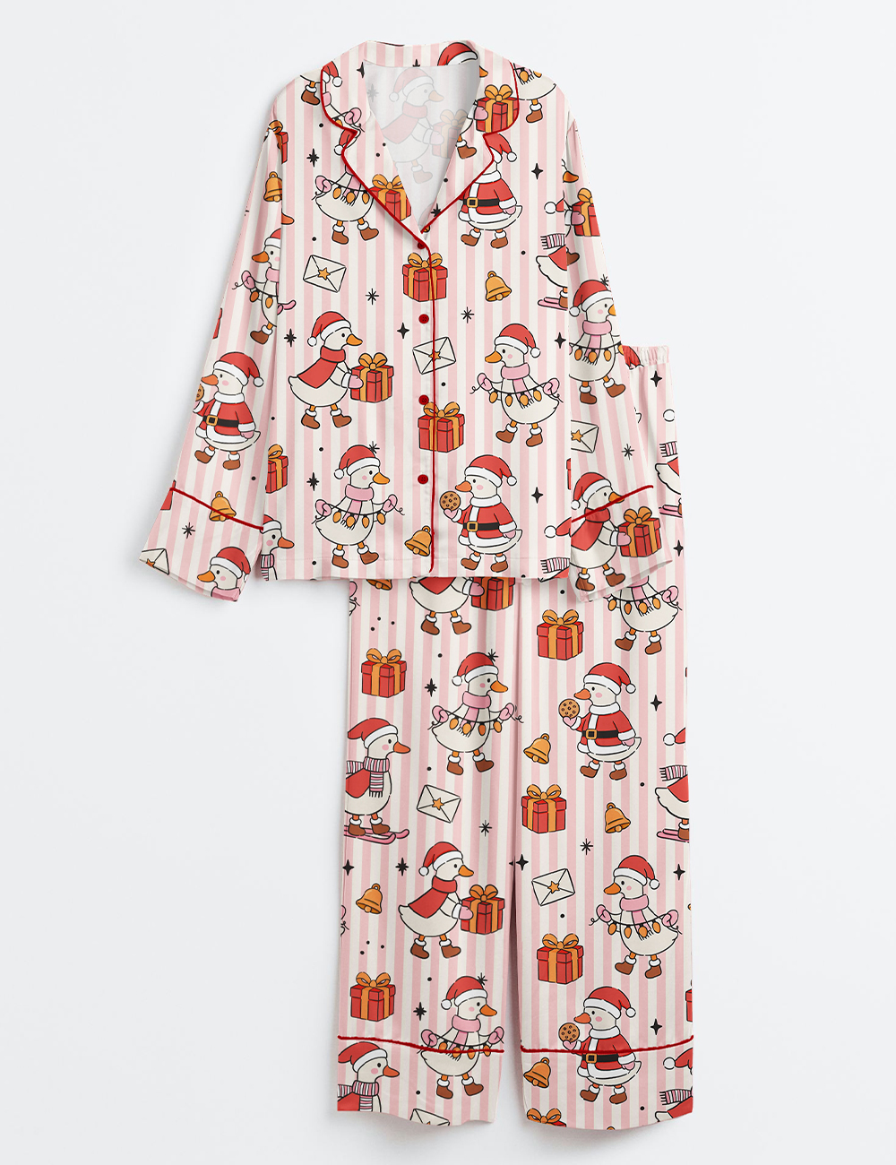 Womenâ€™s Christmas Santa Goose Festive Holiday Silly Goose Long Sleeve Satin Pajama Set