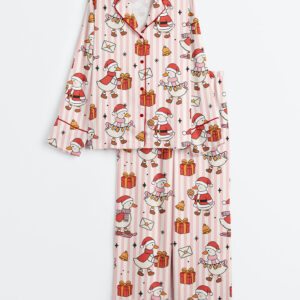 Women's Christmas Santa Goose Festive Holiday Silly Goose Long Sleeve Satin Pajama Set