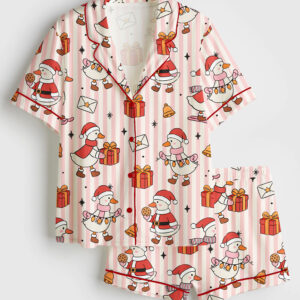 Womenâ€™s Christmas Santa Goose Festive Holiday Silly Goose Short Sleeve Satin Pajama Set