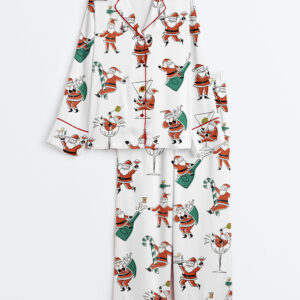 Womenâ€™s Christmas Santa Martini Cocktail Mid Century Modern Cocktail Long Sleeve Satin Pajama Set