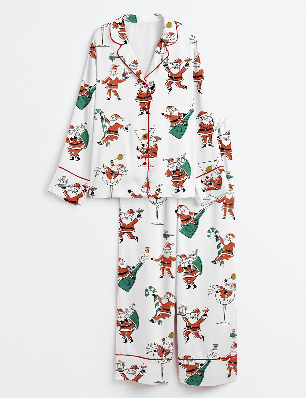 Women's Christmas Santa Martini Cocktail Mid Century Modern Cocktail Long Sleeve Satin Pajama Set