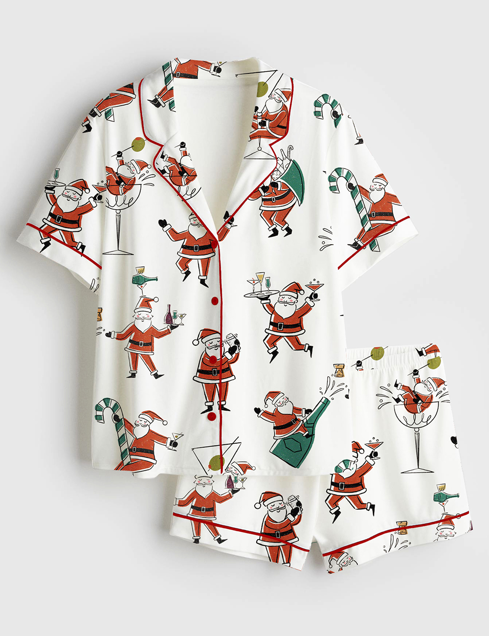 Women's Christmas Santa Martini Cocktail Mid Century Modern Cocktail Short Sleeve Satin Pajama Set
