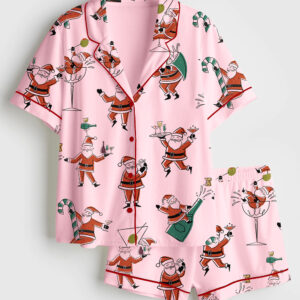 Alternative view of Women's Christmas Santa Martini Cocktail Mid Century Modern Cocktail Short Sleeve Satin Pajamas Set