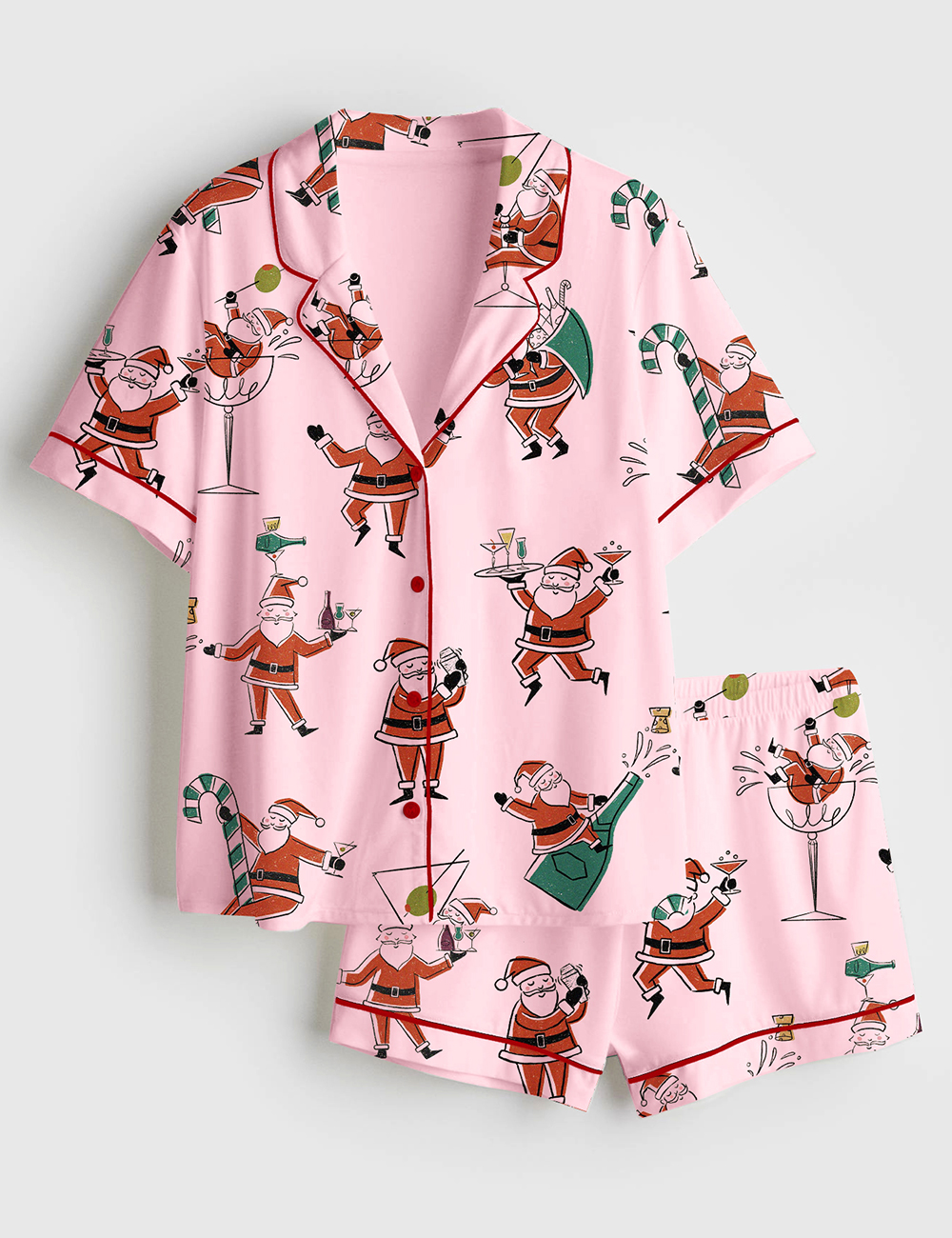Women's Christmas Santa Martini Cocktail Mid Century Modern Cocktail Short Sleeve Satin Pajamas Set - Image 2