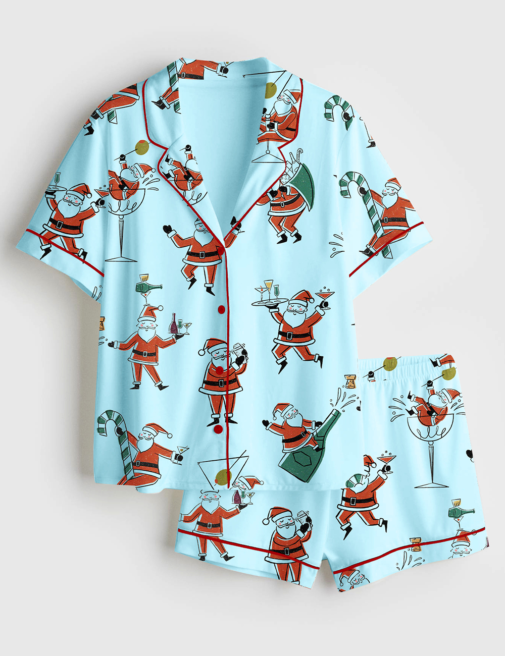 Women's Christmas Santa Martini Cocktail Mid Century Modern Cocktail Short Sleeve Satin Pajamas Set - Image 3