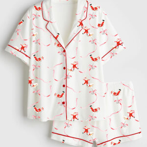 Women's Christmas Santa Martini Cocktail Short Sleeve Satin Pajamas Set