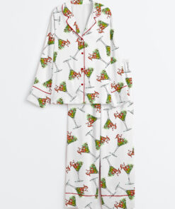 Women's Christmas Santa Martini Long Sleeve Satin Pajama Set