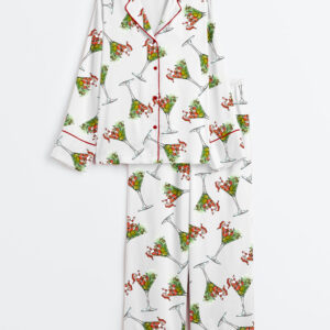 Women's Christmas Santa Martini Long Sleeve Satin Pajamas Set