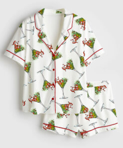 Women's Christmas Santa Martini Short Sleeve Satin Pajama Set