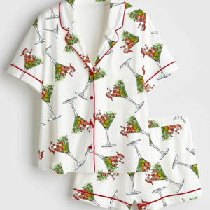 Womenâ€™s Christmas Santa Martini Short Sleeve Satin Pajama Set