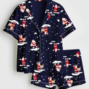 Women's Christmas Santa Short Sleeve Satin Pajama Set