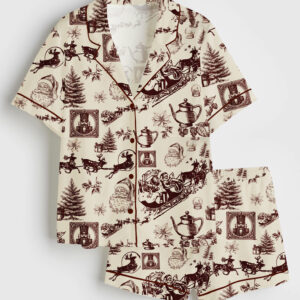 Women's Christmas Santa Sleigh Reindeer Teapots Nutcrackers And More Short Sleeve Satin Pajama Set