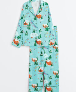 Women's Christmas Ski Mountain Long Sleeve Satin Pajama Set