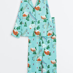 Women's Christmas Ski Mountain Long Sleeve Satin Pajamas Set