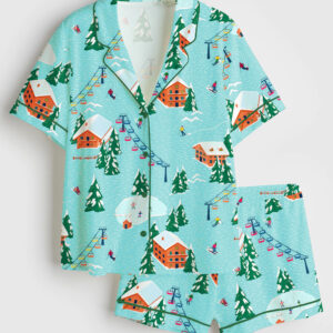 Womenâ€™s Christmas Ski Mountain Short Sleeve Satin Pajama Set