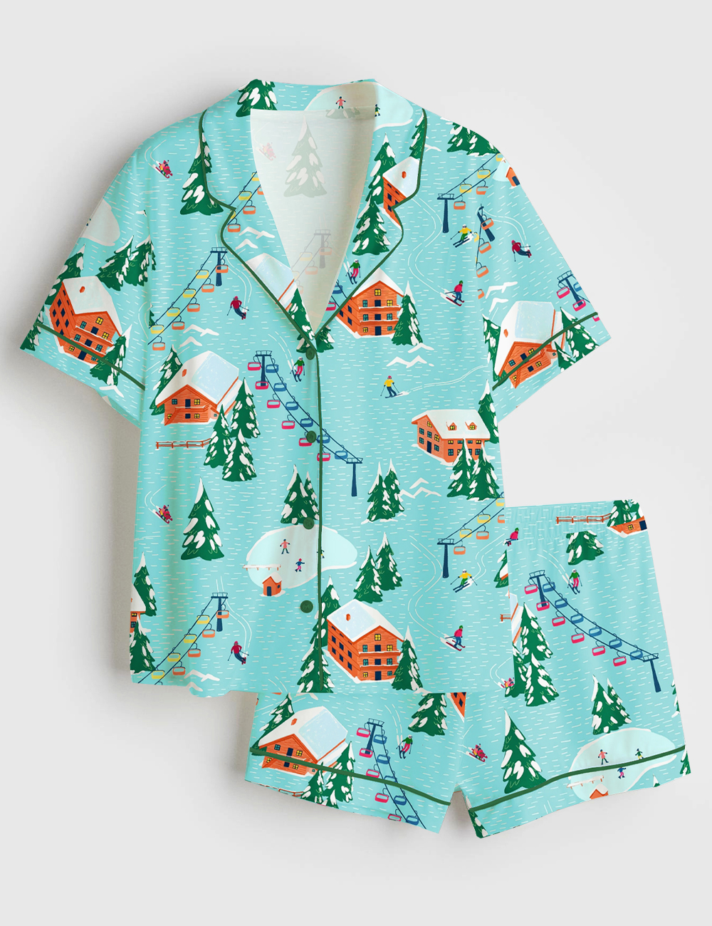 Womenâ€™s Christmas Ski Mountain Short Sleeve Satin Pajama Set