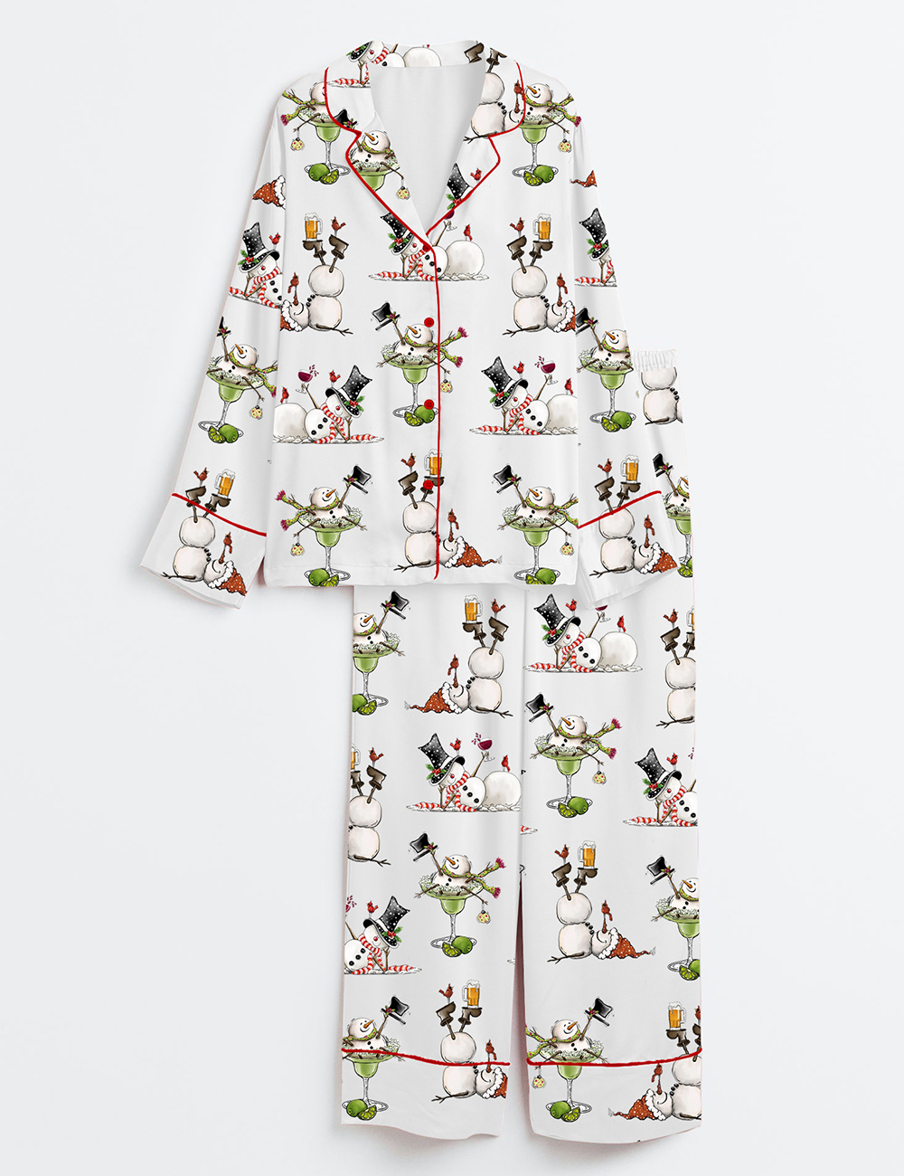 Womenâ€™s Christmas Snowman Martini Beer Wine Lovers Long Sleeve Satin Pajama Set