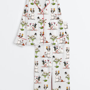 Women's Christmas Snowman Martini Beer Wine Lovers Long Sleeve Satin Pajama Set