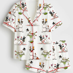 Women's Christmas Snowman Martini Beer Wine Lovers Short Sleeve Satin Pajama Set
