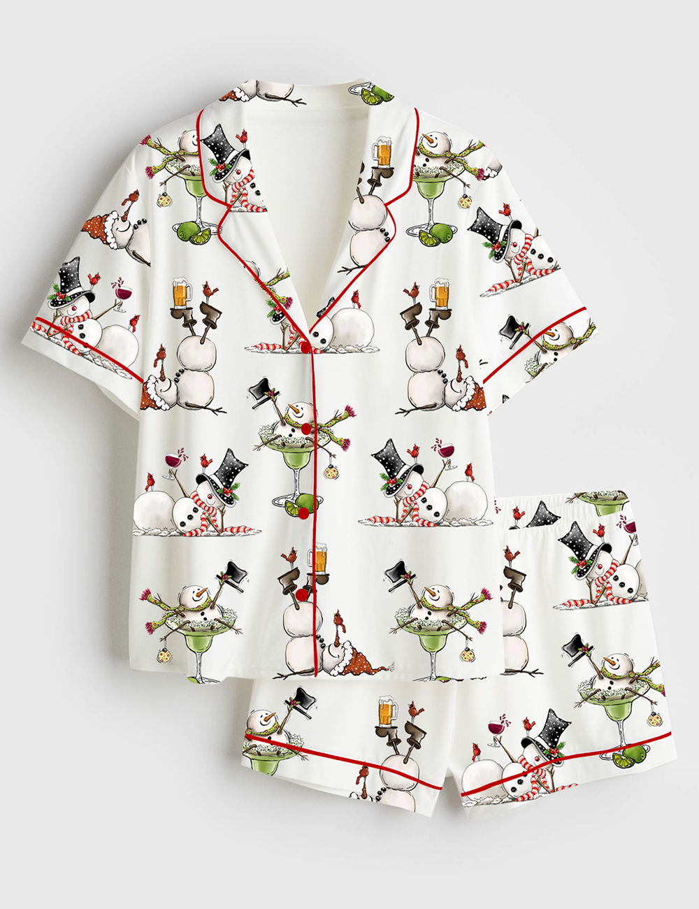 Womenâ€™s Christmas Snowman Martini Beer Wine Lovers Short Sleeve Satin Pajama Set