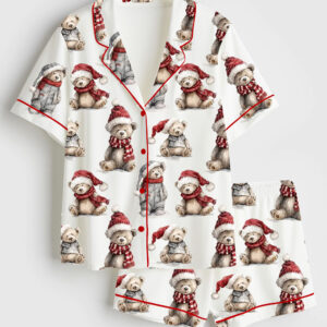 Women's Christmas Teddy Bears Short Sleeve Satin Pajama Set